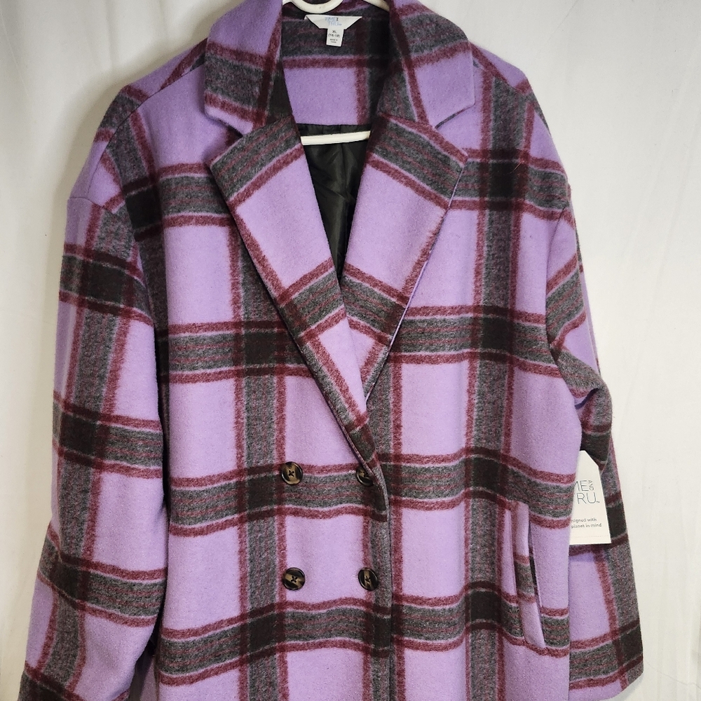 Time & Tru Oversized Womens Plaid Long Casual Size XL Winter Warm Dressy Peacoat